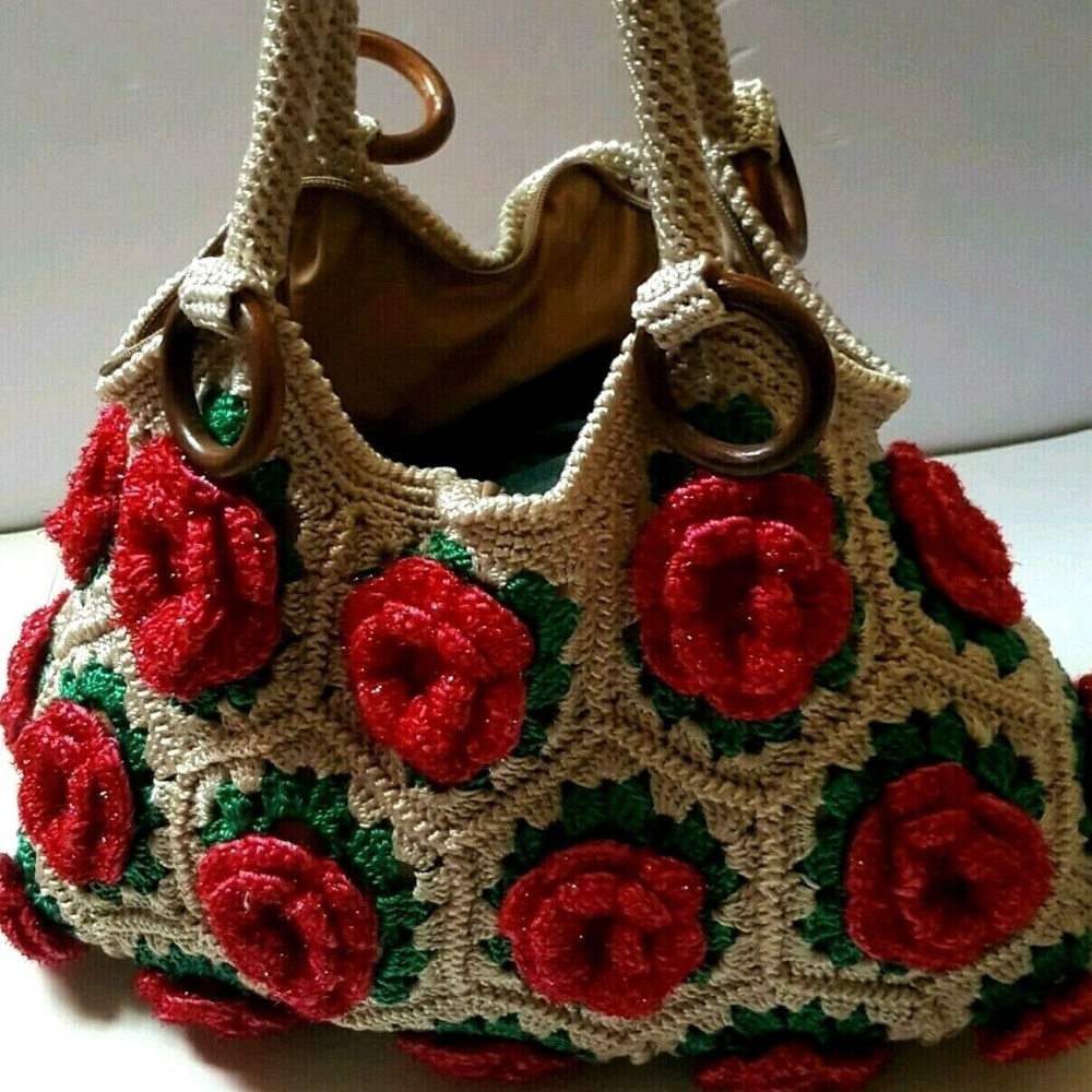 Vintage knit crochet sparkle large floral  bag
